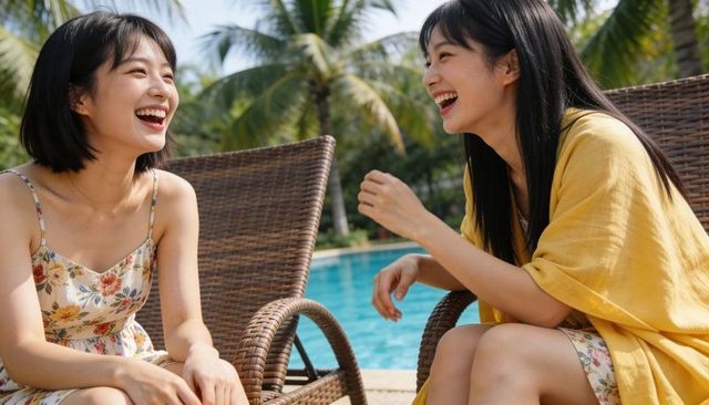Two asian women laughing and chatting poolside on rattan chairs at tropical resort