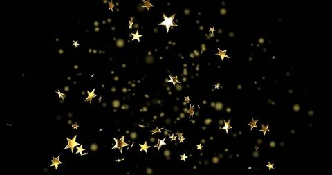 Golden star confetti cascading on black background with bokeh sparkle for celebration