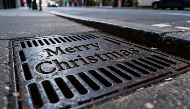 Merry christmas storm grate on urban sidewalk low-angle rusted cast-iron holiday message
