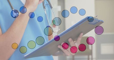Nurse Analyzing Patient Records with Clipboard in Medical Clinic
