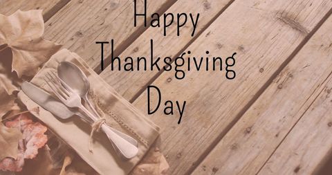 Happy Thanksgiving Day Wooden Background with Cutlery