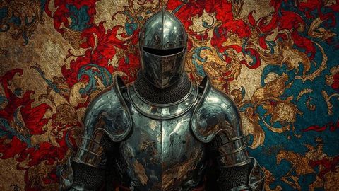 Medieval knight in shining armor with ornate tapestry