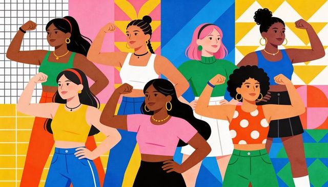 Celebrating strength: diverse women flexing in bold geometric illustration