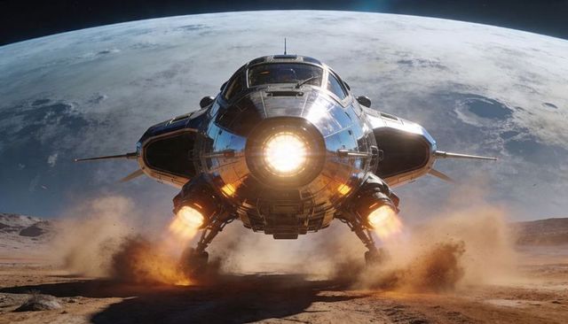 Futuristic Metallic Lander Descending on Alien Plain with Thrusters Kicking Dust