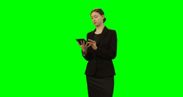 Professional woman in black suit using a tablet with a green screen background. Ideal for promotional materials, corporate presentations, or marketing campaigns.