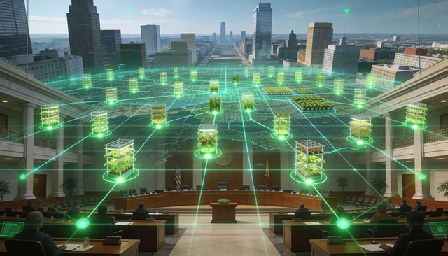 Futuristic urban vertical farming network projected over council chamber, smart city planning