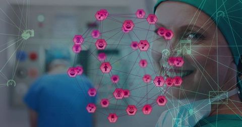 Smiling Female Surgeon with Medical Network Overlay