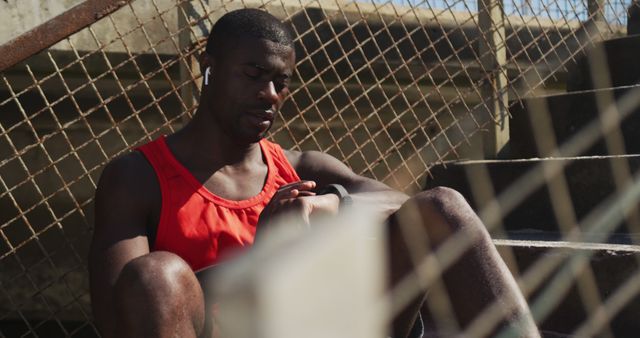 Athletic Black American Man Resting After Workout On Staircase Outdoors - Download Free Stock Images Pikwizard.com