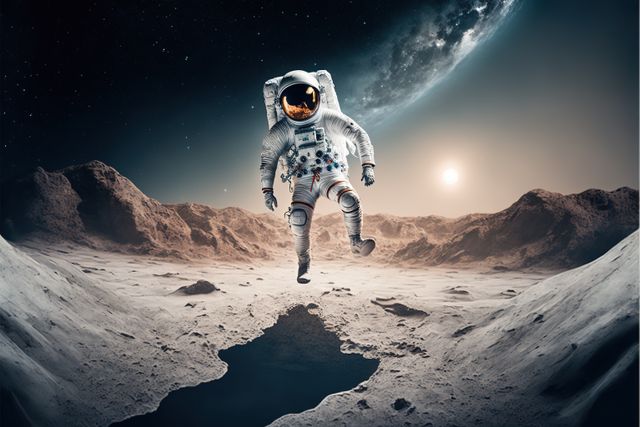 This image shows an astronaut floating above the surface of the Moon with Earth prominently appearing in the background. The astronaut in a spacesuit explores the lunar landscape, providing a stunning view of both the barren terrain and a distant Earth. This imagery can be used in science fiction themes, educational materials on space exploration, promoting futuristic adventures, or promoting STEM learning.