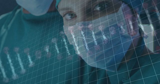 Composition of dna strand over caucasian female surgeon in face mask - Download Free Stock Photos Pikwizard.com
