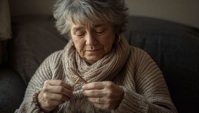 Senior woman knitting chunky sweater and scarf with wooden needles on sofa, cozy craft