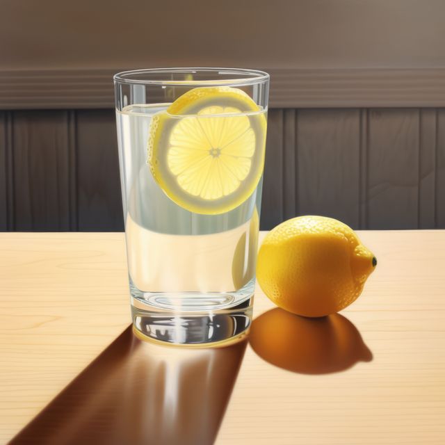 Glass of lemon juice and lemon on wooden surface, created using generative ai technology. Juice, drink and refreshment concept digitally generated image.