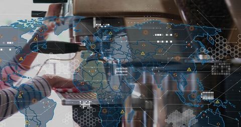 Barista inserting portafilter into espresso machine with world map dataviz overlay