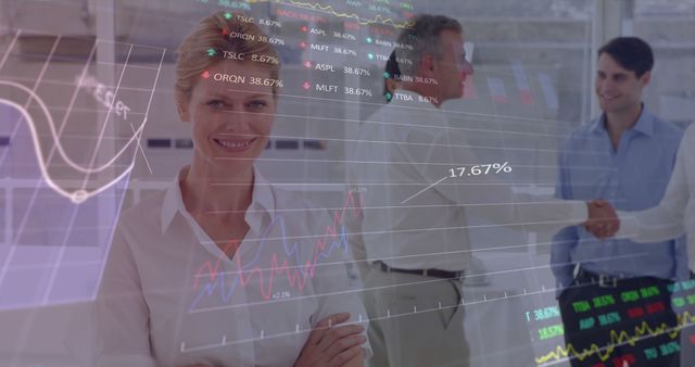 Confident Businesswoman with Stock Market Data and Colleagues - Download Free Stock Images Pikwizard.com