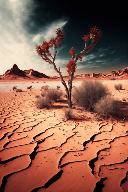 Desert scene with a solitary tree growing amidst cracked, arid soil under a dramatic sky. This image can be used in environmental campaigns, advertisements focusing on climate change, survival equipment promotions, and nature documentaries. Suitable for illustrating concepts of resilience, harsh environments, and dramatic natural beauty.