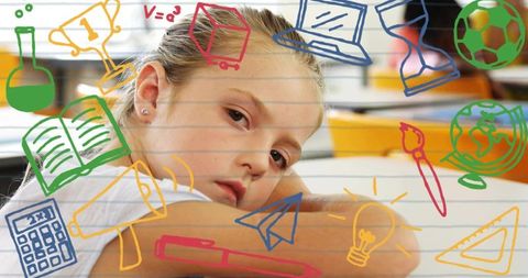 Student leaning on desk looking pensive with colorful school doodles and notebook lines