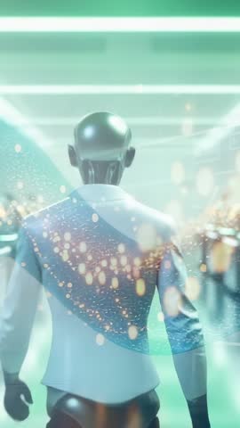 Walking robot activating holograms in futuristic corridor with cyan eyes and pods