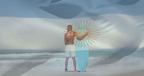 Surfer with Surfboard Gazing to Ocean Horizon on Sunny Beach