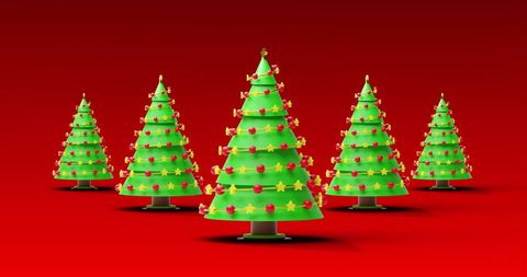 Christmas Trees with Decorations on Red Background
