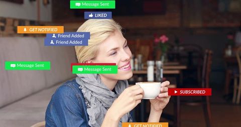 Blonde woman sipping coffee at cozy cafe with social media notification overlays, digital marketing