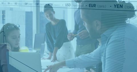 Financial Analysts Collaborating on Global Currency Data Analysis