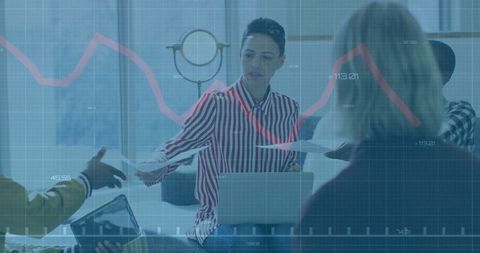 Business team collaboration with analytics overlay