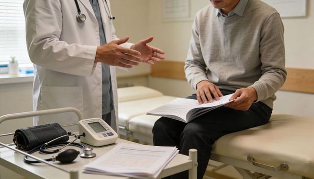 Clinician explaining care plan while patient reading booklet on exam table, consultation