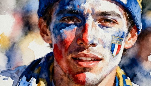 Cheering sports fan wearing tricolor face paint and crest, watercolor portrait closeup