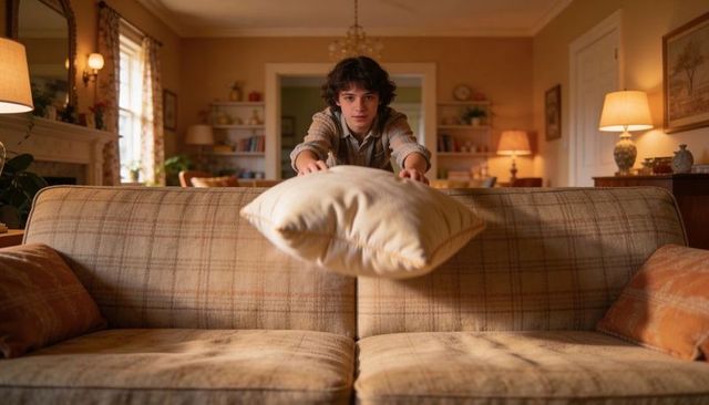 Teen reaching over plaid sofa tossing cushion in cozy warm living room interior