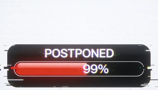 Glitchy red progress bar displaying postponed 99% on dark pill ui panel with rgb glitch