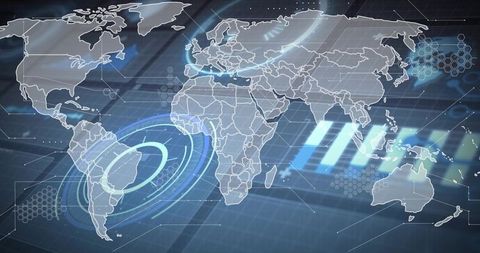 Futuristic Global Cyber Network Interface with Pulsing Radar Over South America Map Overlay
