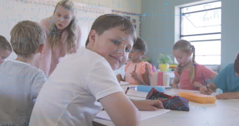 Elementary Students Engaged in Math Class with Formulas Overlay