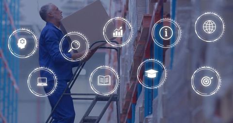 Warehouse worker lifting box on ladder with logistics icons showing inventory analytics