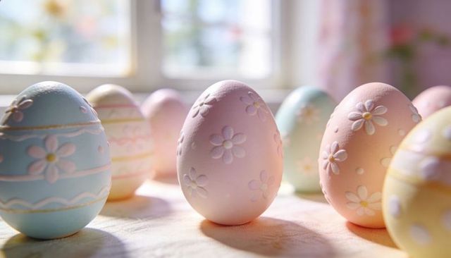 Pastel easter eggs with embossed daisy ornaments on sunlit table for spring decoration