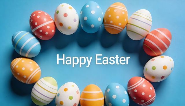 Colorful easter eggs forming oval wreath around happy easter text on blue background