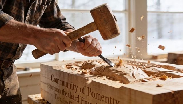 Chiseling oak relief panel striking wooden mallet skilled craftsman at workbench