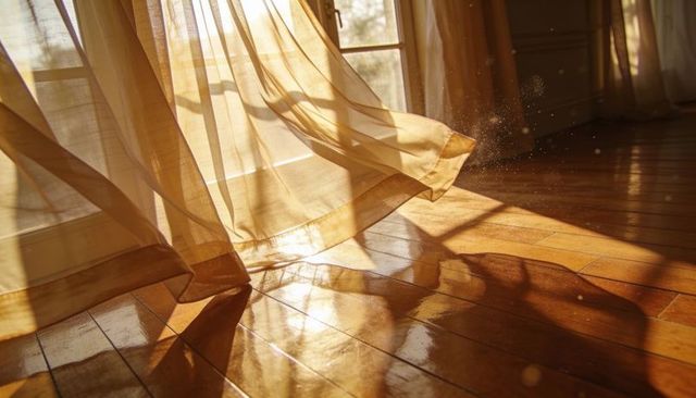 Billowing sheer curtain casting layered sunlit shadows on polished wood floor