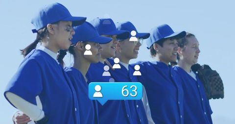 Youth Baseball Team United in Blues With Social Media Connection Concept