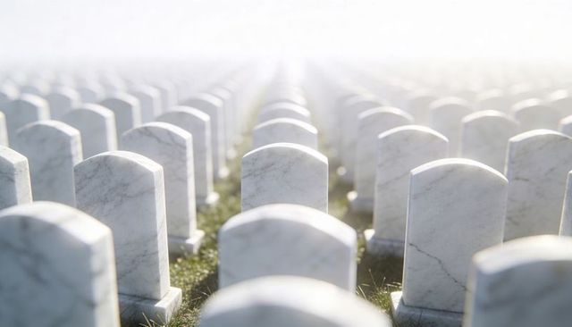 Marble headstones in misty cemetery rows creating serene memorial landscape at sunrise