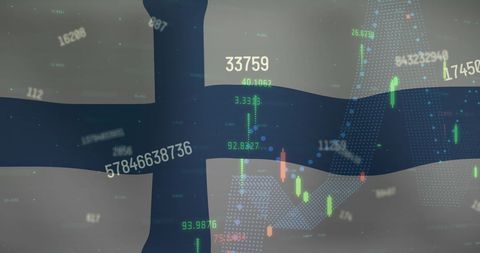 Finland Flag with Digital Financial Data Overlay