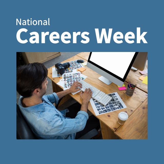 Celebrating National Careers Week, a professional is engaged in career growth activities at a desk with a computer and photography equipment. Ideal for content on career development, career planning, and workplace creativity.