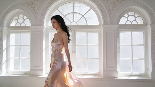 Asian woman walking in backlit satin slip dress by arched mullioned windows, soft light