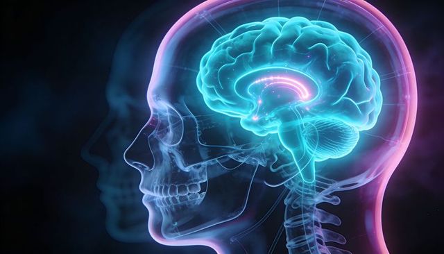 Translucent skull with illuminated brain highlighting neural pathways and cerebral anatomy