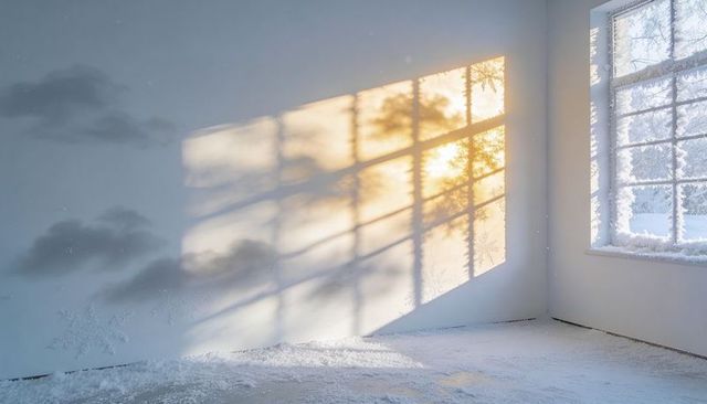 Sunlight casting window grid shadow across frosted white room with snowy windowsill