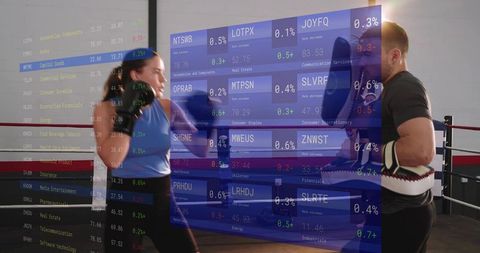 Female boxer training with coach mitts in boxing ring and stock market data overlay