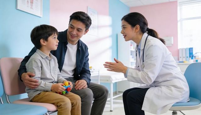 Pediatrician consulting father and young son during checkup in bright pastel clinic