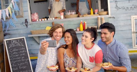 Friends Taking Selfie at Outdoor Food Truck Gathering by Beach - Download Free Stock Images Pikwizard.com
