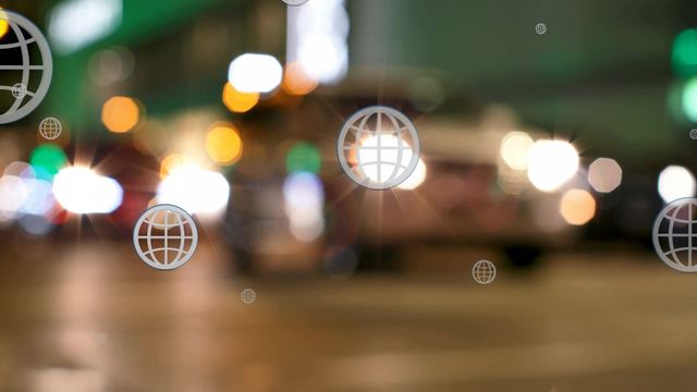 This visualization features globe icons superimposed on a blurred city street scene at night, symbolizing the interconnectedness of globalization. Ideal for presentations on global business, transportation networks, and modern communication systems.