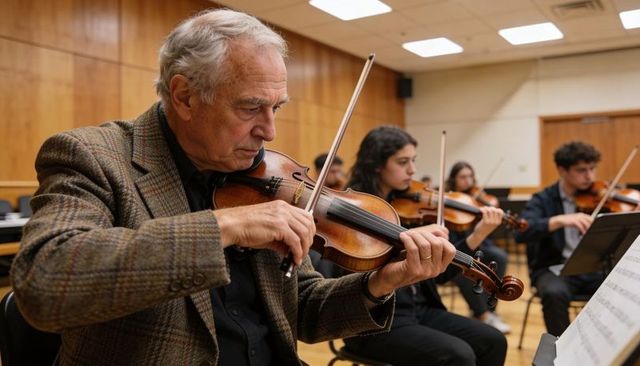 Senior violinist mentoring young ensemble during chamber rehearsal in music classroom