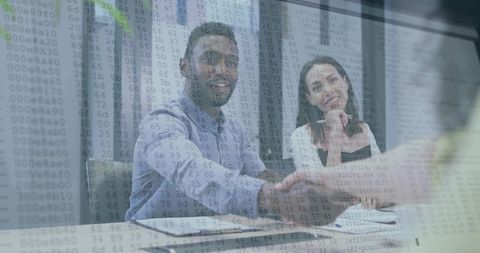 Business Agreement Handshake with Digital Code Overlay